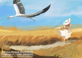 1girl barefoot bird blonde_hair blue_sky cloud cloudy_sky commentary dress english_commentary english_text fleeing flying from_behind hat heliyoru highres long_hair original outdoors running sky stork ukraine ukrainian_flag very_long_hair watermark wheat_field wind wind_lift