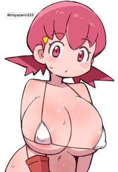 1girl bikini blush bottomless breasts cleavage collarbone covered_erect_nipples hair_ornament hairclip huge_breasts looking_at_viewer low_twintails micro_bikini miyazero navel nintendo open_mouth pink_eyes pink_hair pokemon pokemon_gsc short_hair standing sweat swimsuit twintails upper_body white_background white_bikini whitney_(pokemon) wristband