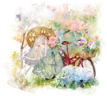 1girl animal bicycle blue_flower border bouquet brown_hat bug butterfly closed_mouth commentary dandelion dandelion_seed dress english_commentary expressionless flower from_side full_body grey_dress grey_eyes grey_hair hat highres holding holding_flower insect long_hair looking_at_viewer looking_to_the_side niwa_haruki original outdoors pink_flower purple_flower solo squatting tree turning_head white_border white_flower yellow_flower
