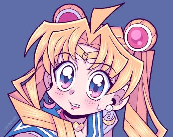 Rule 34 | 1girl, ahoge, bishoujo senshi sailor moon, blonde hair, blue background, blue eyes, blue sailor collar, choker, circlet, clenched teeth, commentary, crescent, crescent earrings, derivative work, double bun, earrings, english commentary, hair bun, jewelry, lady beemer, meme, multicolored eyes, pink eyes, portrait, red choker, sailor collar, sailor moon, sailor moon redraw challenge (meme), screenshot redraw, signature, solo, sweatdrop, teeth, tsukino usagi, twintails