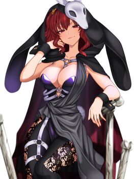 1girl absurdres alternate_costume animal_hood black_pantyhose bone breasts cleavage closed_mouth commission commissioner_upload fishnet_pantyhose fishnets half-closed_eyes hand_in_own_hair highres hood large_breasts leotard looking_at_viewer mask medium_hair mitama_mudimudi non-web_source onozuka_komachi onozuka_komachi_(bunny_reaper) pantyhose playboy_bunny purple_leotard rabbit_hood rabbit_mask red_eyes red_hair simple_background skeb_commission smug solo touhou touhou_lostword v-shaped_eyebrows variant_set white_background