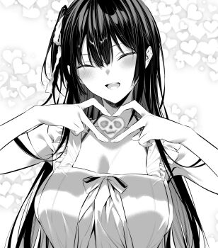 1girl apron black_hair blush breasts closed_eyes collarbone frilled_apron frills hair_between_eyes hair_ribbon haite_kudasai_takamine-san heart heart_background heart_hands highres hiiragi_yuuichi large_breasts long_hair monochrome naked_apron open_mouth ribbon solo takamine_takane upper_body