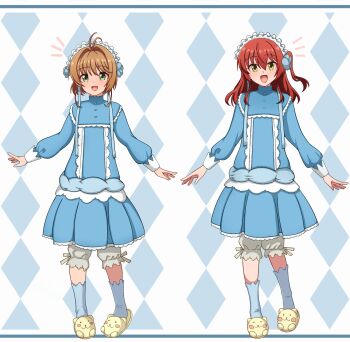 Rule 34 | 2girls, a-pose, animal slippers, argyle background, bloomers, blue dress, blue flower, blue headband, blue ribbon, blue skirt, blue socks, blush, bocchi the rock!, brown hair, cable tie, cardcaptor sakura, commission, cosplay, costume switch, crossover, diamond (shape), dress, flower, frilled dress, frills, green eyes, headband, highres, kessoku band, kinomoto sakura, kinomoto sakura (cosplay), kita ikuyo, lace, long sleeves, looking at viewer, milliani, miniskirt, multiple girls, open mouth, pixiv commission, puffy sleeves, red hair, ribbon, short hair, skirt, slippers, smile, socks, underwear, white bloomers, yellow eyes