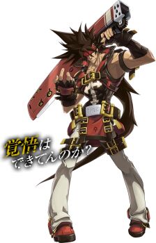 1boy 3d arc_system_works boots brown_hair fingerless_gloves full_body gloves guilty_gear guilty_gear_xrd headband long_hair male_focus muscular official_art over_shoulder ponytail sol_badguy solo spiked_hair sword sword_over_shoulder transparent_background weapon weapon_over_shoulder