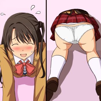 1girl all_fours ass blazer blush bow bowtie brown_hair brown_jacket brown_shoes closed_eyes commentary_request commission crotch_seam dress_shirt facing_viewer flying_sweatdrops highres idolmaster idolmaster_cinderella_girls jacket lielos loafers long_hair long_sleeves miniskirt multiple_views one_side_up open_mouth panties partial_commentary pixiv_commission pleated_skirt red_bow red_bowtie red_skirt school_uniform shimamura_uzuki shirt shoes skirt smile socks split_screen through_wall underwear white_panties white_shirt white_socks wing_collar