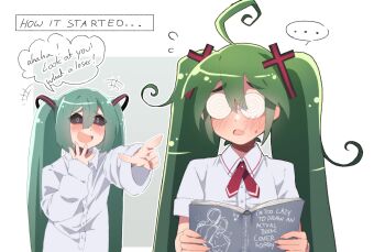 ... 2girls ahoge aqua_hair black_sclera blush book buttons coke-bottle_glasses collared_shirt colored_sclera commentary confessions_of_a_rotten_girl_(vocaloid) cross_hair_ornament dual_persona english_commentary english_text fang fujoshi glasses green_hair hair_between_eyes hair_ornament hatsune_miku highres holding holding_book huge_ahoge looking_at_another melonenbrot messy_hair mesugaki mimukauwa_nice_try_(vocaloid) multiple_girls necktie open_mouth pointing pointing_at_another pornography red_necktie shirt skin_fang smug speech_bubble twintails vocaloid white_eyes yaoi_(object)