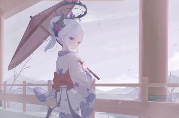 1girl absurdres ahoge alternate_costume back_bow black_halo blue_archive bow closed_mouth commentary demon_girl demon_horns demon_wings floral_print floral_print_kimono flower from_behind gman_(gsdeman) hair_bun hair_flower hair_ornament halo highres hina_(blue_archive) holding holding_umbrella horns japanese_clothes kimono mountainous_horizon parted_bangs print_kimono purple_eyes purple_flower red_bow red_sash sash smile solo umbrella white_hair white_kimono wings