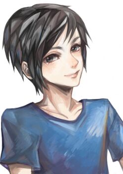 1boy 2011 absurdres anthony_padilla black_hair blue_shirt grey_eyes happy highres kima male_focus painting_(medium) portrait real_life shirt simple_background smile smosh spiked_hair traditional_media white_background youtube