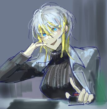 Rule 34 | 1girl, :d, black sweater, blonde hair, blonde streaks, blue eyes, breasts, chinese commentary, coat, collared shirt, commentary request, faust (project moon), ggezi, large breasts, limbus company, multicolored hair, n corp. fanatic (identity) (project moon), open mouth, project moon, shirt, short hair, sketch, smile, solo, sweater, two-tone hair, white hair