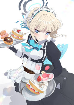 1girl apron aqua_bow aqua_bowtie black_dress blonde_hair blue_archive blue_eyes blue_halo blue_streaks bow bowtie braid bun_cover cake coffee commentary_request dress expressionless food frilled_apron frills hair_bun hakuaiiii half_up_braid halo highres holding holding_tray juliet_sleeves long_sleeves looking_at_viewer macaron maid maid_apron maid_headdress multicolored_hair puffy_long_sleeves puffy_sleeves solo streaked_hair toki_(blue_archive) tray white_apron
