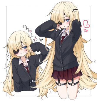 1girl absurdres alternate_costume blonde_hair blue_eyes cardigan eyepatch goddess_of_victory:_nikke grey_cardigan guillotine_(nikke) highres long_hair looking_at_viewer necktie red_necktie red_skirt shirt skirt solo thigh_strap thighs tu_pa_pa_pa white_background white_shirt
