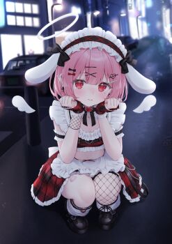 1girl :d amatsuka_eru animal_ear_hairband animal_ears apron armlet black_ribbon black_shoes blurry blurry_background brooch closed_mouth crop_top detached_wings fake_animal_ears fingerless_gloves fishnet_gloves fishnets frilled_skirt frills full_body gloves hair_ornament hairband hairclip halo heart heart_brooch highres indie_virtual_youtuber jewelry leg_warmers looking_at_viewer midriff miniskirt navel night open_mouth outdoors pink_hair plaid_clothes plaid_skirt rabbit_ear_hairband rabbit_ears red_eyes red_skirt ribbon sad second-party_source shano_hiyori shoes short_hair single_fishnet_legwear skirt smile solo squatting teardrop virtual_youtuber waist_apron white_hairband wings