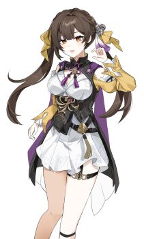 1girl absurdres bell black_dress blush breasts brown_hair commentary_request dress garter_straps hair_bell hair_ornament highres honkai:_star_rail honkai_(series) large_breasts looking_at_viewer open_mouth skirt solo sushang_(honkai:_star_rail) twintails umiinu_(umi_inu11) unfinished white_skirt yellow_eyes