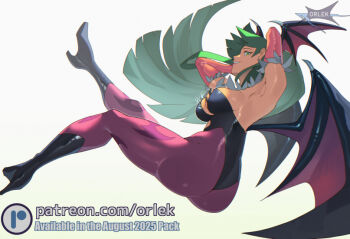 1girl animal_print aqua_hair artist_logo artist_name ass bare_shoulders bat_print bat_wings black_leotard breasts bridal_gauntlets darkstalkers demon_girl fur-trimmed_leotard fur_trim grin head_wings high_heels highleg highleg_leotard large_breasts leg_up leotard logo long_hair morrigan_aensland off-shoulder_leotard orlek pantyhose print_pantyhose purple_pantyhose purple_wings smile solo wings