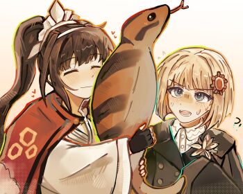 2girls animal animal_hug black_gloves black_hair blonde_hair blunt_ends blush commentary fingerless_gloves gloves grey_eyes hairband highres limelloms long_hair magadori_kyoshika multiple_girls no_mask oosuzuki_kurara ponytail short_hair smile snake sweat symbol-only_commentary the_hundred_line_-last_defense_academy- tsuchinoko white_background white_hairband