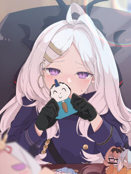 Rule 34 | 1girl, absurdres, ahoge, ako (blue archive), belt, blue archive, blurry, chair, character doll, chinatsu (blue archive), commentary request, covering own mouth, demon girl, demon horns, depth of field, desk, doll, doodle sensei (blue archive), forehead, hair ornament, hairclip, highres, hina (blue archive), hina ningyou, hinamatsuri, holding, holding doll, horns, indoors, iori (blue archive), long hair, long sleeves, looking at viewer, military uniform, name connection, not seven777, office chair, parted bangs, prefect team (blue archive), purple eyes, sam browne belt, sensei (blue archive), sidelocks, solo, sweatdrop, swivel chair, upper body, wavy hair, white hair