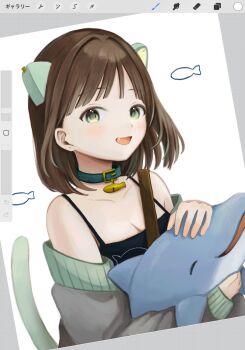 1girl animal_ears aqua_collar art_program_in_frame black_camisole breasts brown_hair camisole choppy_bangs cleavage collar commentary_request detached_sleeves fang fish_pendant green_eyes grey_sleeves highres holding holding_stuffed_toy jewelry long_sleeves looking_at_viewer medium_hair nena_labo open_mouth original pendant simple_background smile solo stuffed_animal stuffed_shark stuffed_toy unfinished white_background