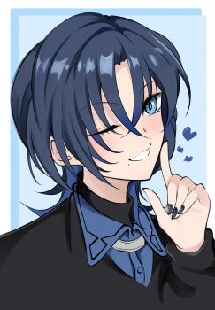 Rule 34 | 1girl, absurdres, black nails, black shirt, blue eyes, blue hair, closed mouth, collared shirt, heart, highres, hiodoshi ao, hiodoshi ao (1st costume), hololive, hololive dev is, kentotto, looking at viewer, nail polish, one eye closed, shirt, short hair, smile, solo, virtual youtuber