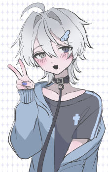 Rule 34 | 1boy, 463 e, ahoge, androgynous, angel wings hair ornament, black collar, black eyes, black shirt, blue jacket, blue nails, collar, collarbone, commentary request, hair intakes, head tilt, heterochromia, highres, hood, hooded jacket, jacket, leash, looking at viewer, male focus, mole, mole under mouth, open mouth, original, shirt, short hair, slit pupils, solo, upper body, v, white hair, wolf cut, yellow eyes