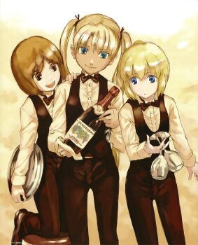 Rule 34 | 00s, 3girls, :d, absurdres, aida yuu, alcohol, blonde hair, blue eyes, bottle, bow, bowtie, brown eyes, brown hair, cup, dark-skinned female, dark skin, dengeki daiou, drinking glass, formal clothes, green eyes, gunslinger girl, hand on shoulder, henrietta (gunslinger girl), highres, kneeling, looking at viewer, multiple girls, open mouth, rico (gunslinger girl), scan, short hair, smile, stool, tray, triela, twintails, vest, waitress, wine, wine glass