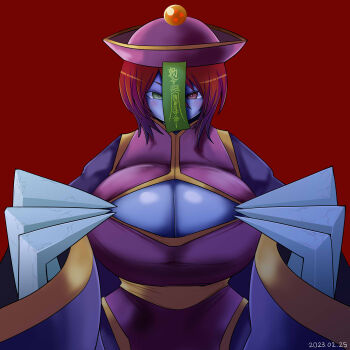 Rule 34 | 1girl, alternate breast size (larger), blue skin, breasts, claws, cleavage, cleavage cutout, clothing cutout, colored skin, commentary request, cosplay, cowboy shot, darkstalkers, dated, dress, green eyes, hair between eyes, hat, heterochromia, highres, hsien-ko, hsien-ko (cosplay), huge breasts, itini-sanshi, jiangshi, looking at viewer, ofuda, purple dress, purple hat, qingdai guanmao, red background, red eyes, red hair, rozen maiden, short hair, simple background, solo, souseiseki