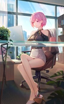 1girl bare_legs chair computer crazy_ones crossed_legs feet highres laptop medium_hair miniskirt office office_lady pantyhose pink_eyes pink_hair shoes sitting skirt swivel_chair toes unworn_shoes
