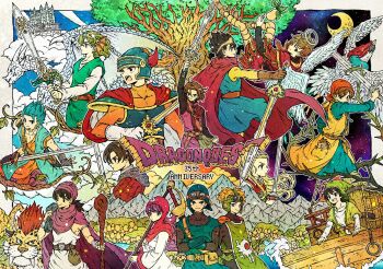 2girls 6+boys ancestor_and_descendant anlucea armor bandana belt black_hair blonde_hair blue_eyes blue_gloves blue_hair boat borongo brown_belt brown_hair cape character_request commentary_request copyright_name cousins crossed_arms dragon dragon_quest dragon_quest_i dragon_quest_ii dragon_quest_iii dragon_quest_iv dragon_quest_ix dragon_quest_v dragon_quest_vi dragon_quest_vii dragon_quest_viii dragon_quest_x dragon_quest_xi ear_piercing fake_horns fingerless_gloves gloves goggles goggles_on_headwear green_gloves green_hair halo helmet hero_(dq1) hero_(dq10) hero_(dq11) hero_(dq3) hero_(dq4) hero_(dq5) hero_(dq6) hero_(dq7) hero_(dq8) hero_(dq9) highres holding holding_staff holding_sword holding_weapon horned_helmet horns multiple_boys multiple_girls munchie_(dq8) orange_bandana piercing prince_of_lorasia prince_of_samantoria princess_of_moonbrook purple_eyes purple_hair roto&#039;s_emblem roto_(dq3) staff sword toriga tree watercraft weapon wings