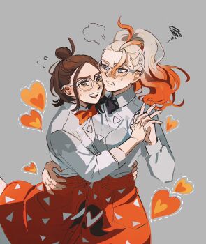 2girls black_bow black_bowtie blonde_hair blue_eyes blush bow bowtie breasts bright_pupils brown_eyes brown_hair clenched_teeth commentary_request grey-framed_eyewear grey_background griselle_(pokemon) hair_between_eyes hair_bun harmony_(pokemon) heart highres holding_hands looking_at_another multicolored_hair multiple_girls nintendo open_mouth orange_bow orange_bowtie pokemon pokemon_legends:_z-a ponytail red_hair red_skirt seirorath skirt smile teeth two-tone_hair white_pupils yuri