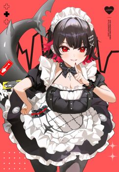 1girl adapted_costume apron black_hair black_pantyhose breasts cleavage colored_inner_hair commentary ellen_joe english_commentary finger_to_mouth fins fish_tail hand_on_own_hip heart heart_in_eye highres large_breasts leaning_forward maid maid_apron maid_headdress mole mole_under_eye multicolored_hair pantyhose parted_lips red_background red_eyes red_hair shark_girl shark_tail short_hair solo symbol_in_eye tail zenless_zone_zero zuco