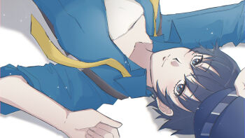 1girl blue_eyes blue_hair blue_hat blue_shirt commentary_request eyelashes hat highres light_particles light_smile long_sleeves looking_at_viewer lying necktie on_back persona persona_4 reverse_trap shirogane_naoto shirt short_hair solo suspenders undershirt undone_necktie usa_(kawaii_152cm) white_background yellow_necktie