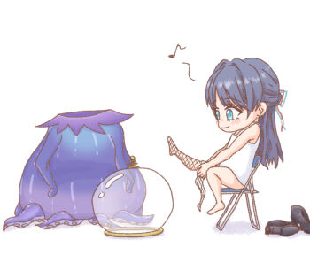 Rule 34 | 1girl, alien costume, black hair, black shoes, blue eyes, blue ribbon, blush, chair, chibi, chibi only, closed mouth, commentary request, dressing, eighth note, fishbowl helmet, fishnet pantyhose, fishnets, folding chair, hair ribbon, half updo, helmet, humming, link! like! love live!, loafers, love live!, murano sayaka, murano sayaka (sairin no shasou), musical note, natsume (na02me c), on chair, pantyhose, red ribbon, ribbon, shoes, sitting, smile, solo, tank top, unworn headwear, unworn helmet, unworn shoes, virtual youtuber, white tank top