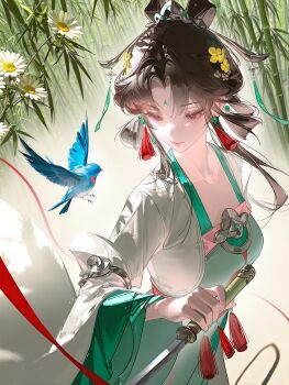 1girl bamboo bird black_hair blush book chinese_clothes chinese_commentary chrysanthemum commentary_request danqing_xiaozhu double_bun dress earrings flower hair_bun hair_flower hair_ornament hand_fan hanfu highres holding holding_sword holding_weapon jewelry long_sleeves one_eye_closed original paper_fan ribbon solo sword tassel tassel_earrings upper_body weapon wide_sleeves