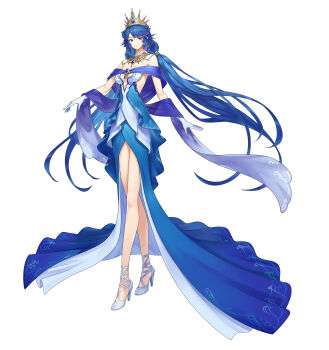 Rule 34 | 1girl, absurdres, bare shoulders, blue dress, blue eyes, blue hair, blue shawl, breasts, commission, dress, full body, gloves, high heels, highres, jewelry, long hair, long legs, looking at viewer, low twintails, mytea (soso), necklace, original, shawl, skeb commission, small breasts, solo, tiara, twintails, very long hair, white background, white gloves