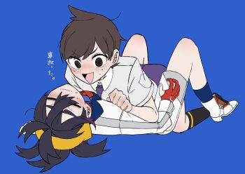 2boys @_@ absurdres ahoge black_hair blue_background blueberry_academy_school_uniform blush closed_eyes closed_mouth commentary cowlick crossed_bangs eiku embarrassed florian_(pokemon) gloves hairband hand_blush highres hover_hand kieran_(pokemon) lying_on_person male_focus multicolored_hair multiple_boys necktie nintendo open_mouth partially_fingerless_gloves pokemon pokemon_sv purple_hair purple_necktie purple_shorts red_gloves school_uniform shorts sweatdrop two-tone_hair uva_academy_school_uniform wavy_mouth white_shorts yellow_hairband