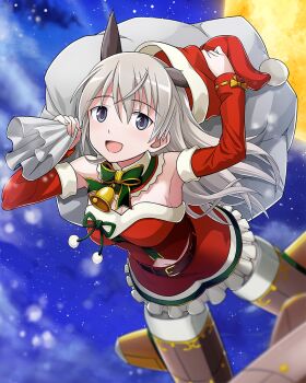 1girl animal_ears artist_request belt_collar breasts christmas collar eila_ilmatar_juutilainen flying full_moon green_eyes grey_hair hat holding holding_sack long_hair looking_at_viewer medium_breasts moon night non-web_source official_alternate_costume official_art open_mouth sack santa_costume santa_hat snowing solo strike_witches striker_unit wolf_ears wolf_girl world_witches_series