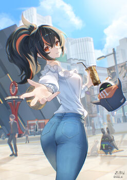 1girl absurdres alternate_costume artist_name ass bangboo_(zenless_zone_zero) black_hair bld_zi blue_sky breasts commentary_request cup day denim disposable_cup drinking_straw eous_(zenless_zone_zero) highres holding holding_cup jeans long_hair looking_at_viewer medium_breasts multicolored_hair off-shoulder_shirt off_shoulder offering_hand orange_eyes outdoors pants parted_lips people ponytail securityboo_(zenless_zone_zero) shirt sky smile streaked_hair white_shirt zenless_zone_zero zhu_yuan