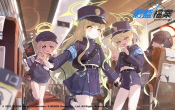 5girls :d aoba_(blue_archive) beret black_hat black_shorts black_skirt blue_archive buttons chinese_commentary commentary_request copyright_name demon_tail double-breasted faceless faceless_female flying_sweatdrops gloves green_hair green_halo halo hat highres hikari_(blue_archive) holding holding_tablet_pc justice_task_force_member_(blue_archive) long_hair long_sleeves multiple_girls nozomi_(blue_archive) open_mouth pantyhose peaked_cap pleated_skirt pointy_ears red_eyes red_halo running shorts siblings sidelocks sisters skirt smile sparkle tablet_pc tail train_interior twins twintails white_gloves white_pantyhose yellow_eyes yoyopipa