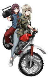 Rule 34 | 2girls, black shirt, blue eyes, blue pants, blue vest, brown hair, closed mouth, commentary request, cross-laced footwear, denim, denim vest, dirtbike, girls band cry, hair between eyes, henshako, highres, honda xr100, iseri nina, jeans, kawaragi momoka, light blush, light brown hair, long hair, looking at viewer, low twintails, motor vehicle, motorcycle, multiple girls, on motorcycle, open clothes, open shirt, overshirt, pants, parted lips, pinky out, print shirt, red pants, shadow, shirt, shoes, short twintails, simple background, sitting, smile, sneakers, stereo, t-shirt, twintails, v-shaped eyebrows, vest, white background, white footwear, white shirt