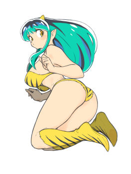 1girl animal_print ass bikini blush boots breasts cone_horns expressionless full_body green_hair highres horns large_breasts long_hair looking_at_viewer lum oni pointy_ears print_boots simple_background solo swimsuit tiger_print toshinoshin urusei_yatsura white_background yellow_eyes