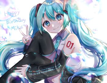 1girl aqua_eyes aqua_hair aqua_nails arm_tattoo black_boots black_sleeves blurry blush boots breasts bubble character_name closed_mouth collared_shirt commentary_request depth_of_field detached_sleeves fingernails happy_birthday hatsune_miku heart highres kohaku_aozora long_hair long_sleeves nail_polish number_tattoo shirt sleeveless sleeveless_shirt smile solo tattoo thigh_boots thighhighs twintails v very_long_hair vocaloid white_shirt zettai_ryouiki