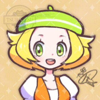 1girl :d beret bianca_(pokemon) blonde_hair commentary_request green_eyes green_hat hat looking_at_viewer nintendo open_mouth pokemon pokemon_bw puffy_sleeves short_hair smile solo teeth tsubamesu727 upper_body upper_teeth_only