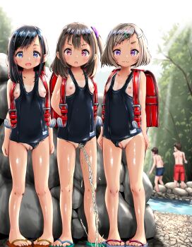 3girls absurdres backpack bag blush breasts brown_hair censored cleft_of_venus clothing_aside embarrassed flat_chest flip-flops higeepon highres huge_filesize loli multiple_boys multiple_girls outdoors peeing randoseru sandals scared small_breasts standing sweat swimsuit swimsuit_aside tagme tan tanline third_eye voyeurism