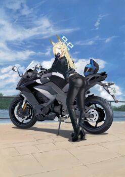 Rule 34 | 1girl, animal ear fluff, animal ears, ass, biker clothes, bikesuit, black gloves, black pants, blonde hair, blue archive, blue eyes, blue halo, blue sky, bodysuit, breasts, cloud, cloudy sky, day, dog ears, gloves, hair over one eye, halo, helmet, highres, kanna (blue archive), long hair, long sleeves, motor vehicle, motorcycle, motorcycle helmet, on motorcycle, outdoors, pants, sky, su-102