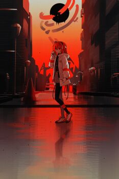 1girl a.i._voice absurdres adachi_rei backlighting belt black_pantyhose black_shirt building cable cassette_player closed_mouth coat full_body gloves grey_skirt haebu hair_ornament hair_ribbon hairpin heel_up highres holding holding_cassette hood hood_down hooded_coat jacket lamppost looking_at_viewer medium_hair netsu_ijou_(utau) one_side_up open_clothes open_coat orange_eyes orange_hair orange_theme outdoors pantyhose reflection ribbon shirt shoes shorts skirt sky sneakers traffic_cone utau white_gloves white_jacket white_shoes