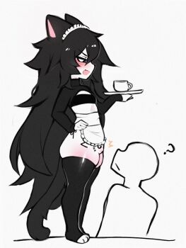 1boy 1girl ? animal_ears apron artist_request bandeau black_eyes black_hair black_shirt black_thighhighs blush cat_ears cat_girl cat_tail cup fang flat_chest from_side full_body hand_on_own_hip holding holding_tray loli long_hair long_sleeves maid maid_headdress open_mouth original shirt shrug_(clothing) simple_background skindentation standing tail teacup thick_thighs thighhighs thighs toeless_legwear tray very_long_hair waist_apron white_background