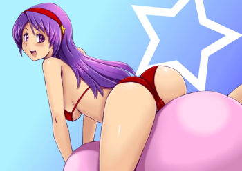 1girl asamiya_athena ass bikini blush bouncing breasts cameltoe from_behind huge_ass huge_breasts long_hair looking_back open_mouth pale_skin purple_eyes purple_hair sitting smile smiley_face snk swimsuit the_king_of_fighters thick_thighs thighs tsumitani_daisuke wide_hips