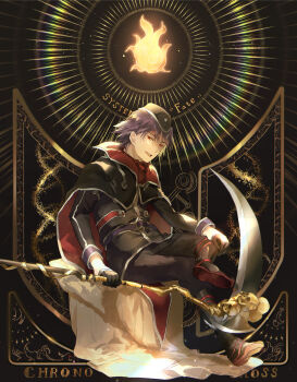 Rule 34 | 1boy, art nouveau, belt, black cape, black jacket, black pants, blue hair, cape, chrono cross, crossed legs, dark serge (chrono cross), fabric, gloves, hair between eyes, half gloves, hand on own knee, hat, highres, holding, holding scythe, jacket, lavos (chrono trigger), looking at viewer, open mouth, pants, red eyes, scythe, short hair, sitting, skull, smile, solo, sunakumo, teeth, upper teeth only