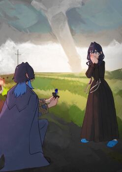 2girls black_dress blue_coat blue_eyes blue_hair blue_shoes blush coat coat_on_shoulders covered_mouth covering_own_mouth crocs dress dual_persona ear_piercing field grass hair_between_eyes hair_intakes hair_ribbon hand_over_own_mouth hashtag-only_commentary hololive hololive_english hunk_404 long_dress long_sleeves looking_at_another marriage_proposal multiple_girls official_alternate_costume official_alternate_hairstyle ouro_kronii ouro_kronii_(4th_costume) ouro_kronii_(maid) outdoors overcast piercing pleated_dress ribbon ring_box ring_pop selfcest shoes sky tornado utility_pole virtual_youtuber white_ribbon wolf_cut yuri