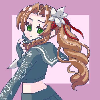 Rule 34 | 1girl, aerith gainsborough, aerith gainsborough (midgard seventh high school), bbbboour, black gloves, black mask, black sailor collar, black shirt, black skirt, breasts, brown hair, closed mouth, crop top, delinquent, final fantasy, final fantasy vii, final fantasy vii: ever crisis, fingerless gloves, floral print, flower, gloves, green eyes, grey neckerchief, hair flower, hair ornament, hair ribbon, long hair, looking at viewer, mask, mask pull, medium breasts, midriff, mouth mask, neckerchief, official alternate costume, parted bangs, pink background, pixel art, red ribbon, ribbon, sailor collar, school uniform, shirt, side ponytail, sidelocks, skirt, smile, solo, sukeban, upper body, wavy hair, white flower