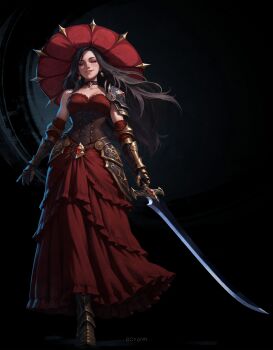 1girl absurdres armor artist_name black_background breasts brown_hair commission dcyann dress earrings full_body gauntlets hat highres holding holding_sword holding_weapon jewelry long_dress long_hair looking_at_viewer medium_breasts original pauldrons red_dress red_eyes red_hat shoulder_armor single_pauldron solo strapless strapless_dress sword vgen_commission weapon